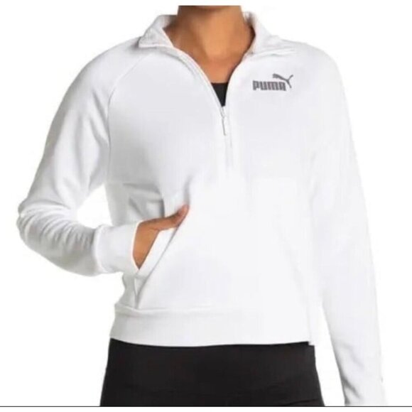 Puma Sweaters - Puma White Long Sleeved Half Zip Pocketed Cropped Athletic Jacket